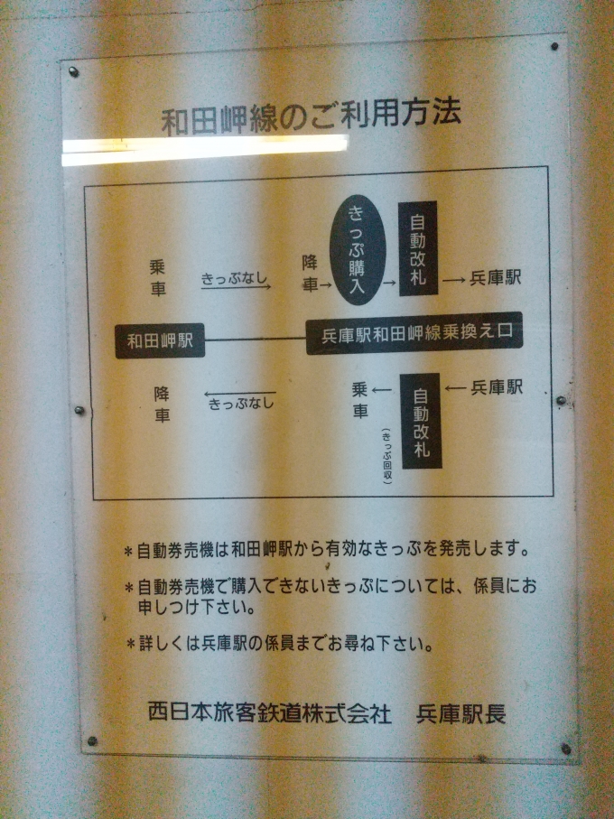 鉄道乗車記録の写真:駅舎・駅施設、様子(1)          「枚数が多くなったのでこちらに続きます。
和田岬線の利用の案内です。名鉄築港線の大江駅と同じなようです。(縞模様になっているのは多分照明の影響だと思います。)」