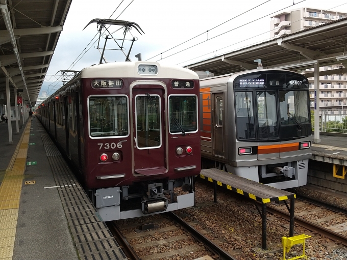 鉄道乗車記録の写真:列車・車両の様子(未乗車)(3)        「阪急7300系の現在のリニューアル車(VVVF制御化)と、大阪メトロ66系のリニューアル車の並びです。」