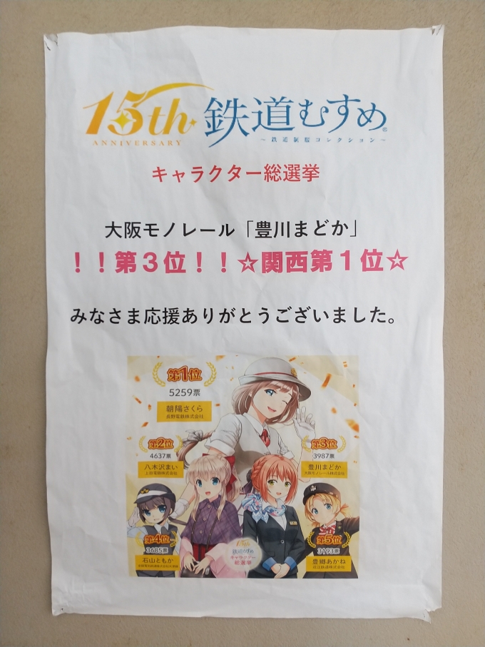 鉄道乗車記録の写真:旅の思い出(3)        「大阪モノレールの鉄道むすめが全国で3位に、関西で1位に選ばれた記念のポスターです。(下列の右から二人目です。)」