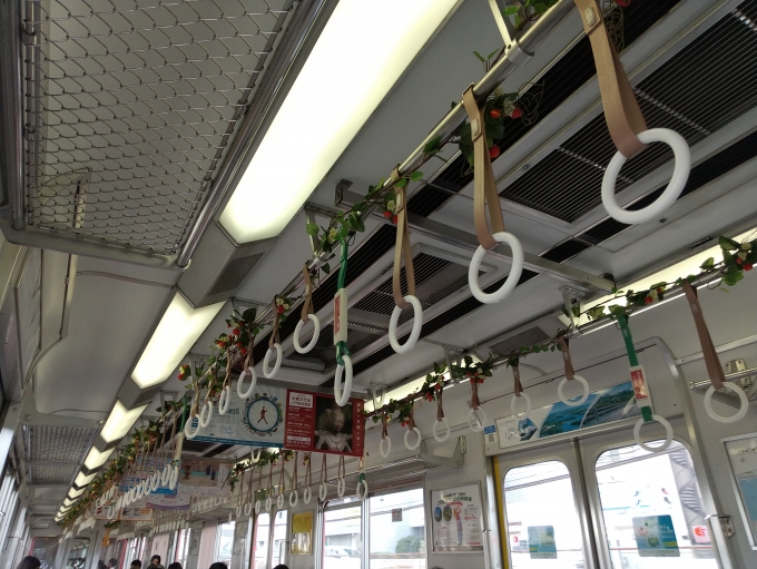 鉄道乗車記録の写真:車内設備、様子(3)        「吊革にいちごの造花が付いています。」