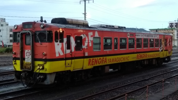鉄道乗車記録の写真:列車・車両の様子(未乗車)(2)        「レノファ山口FC仕様のキハ40 2076です。」