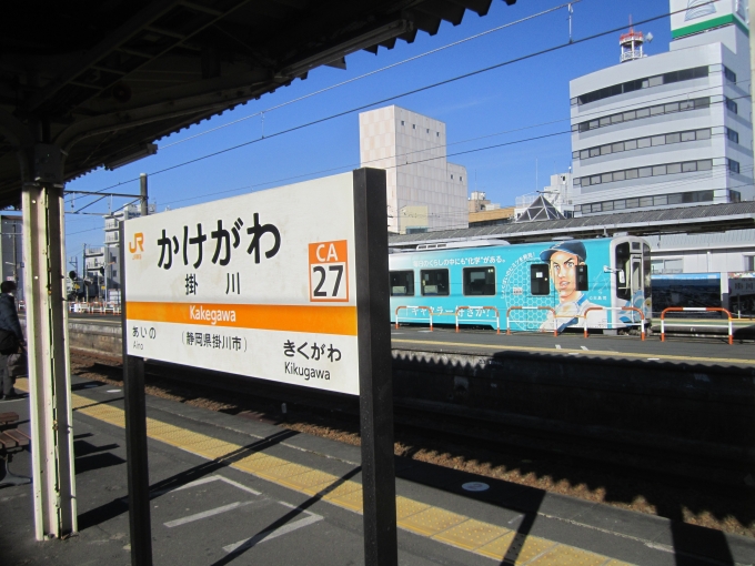 鉄道乗車記録の写真:駅名看板(2)        「後方は天竜浜名湖鉄道の車両。」