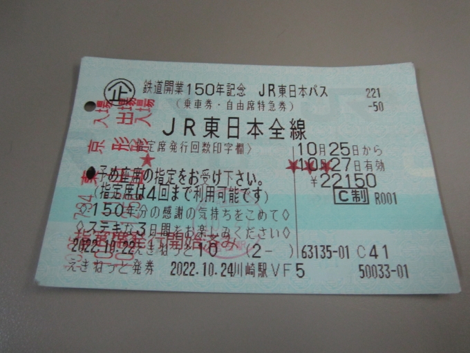 鉄道乗車記録の写真:きっぷ(5)        「乗車券「鉄道開業150年記念　JR東日本パス」」