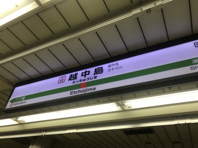 鉄道乗車記録の写真:駅名看板(2)        「越中島駅に到着。」
