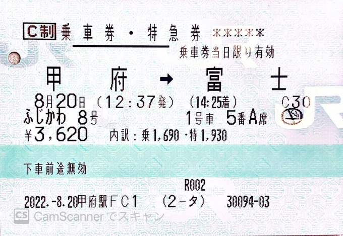 鉄道乗車記録の写真:きっぷ(4)     「今回乗車の乗車券・特急券」