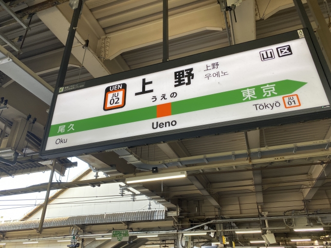 鉄道乗車記録の写真:駅名看板(2)        「上野駅から乗車。」
