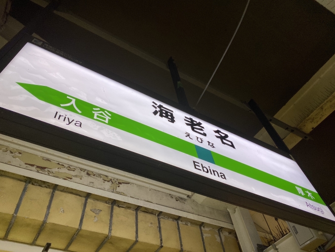 鉄道乗車記録の写真:駅名看板(3)        「海老名駅に到着。」