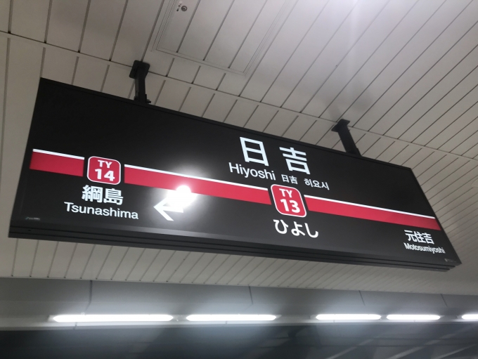 鉄道乗車記録の写真:駅名看板(2)        「日吉駅を出発。」