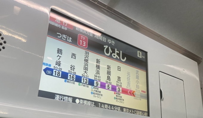鉄道乗車記録の写真:車内設備、様子(3)        「出発直後の車内LCDの表示画面。東急新横浜線の区間は紫色で表示。」
