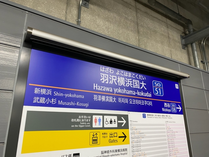 鉄道乗車記録の写真:駅名看板(7)        「羽沢横浜国大駅に到着。」