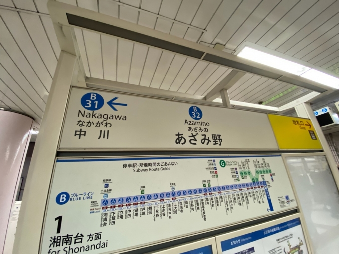 鉄道乗車記録の写真:駅名看板(2)        「あざみ野駅に到着。」