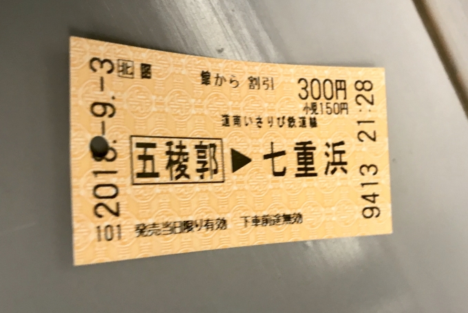 鉄道乗車記録の写真:きっぷ(4)        「函館駅で発券した切符。台紙はJRと共通。」
