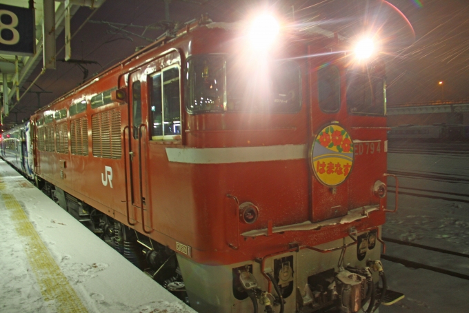 鉄道乗車記録の写真:乗車した列車(外観)(1)          「函館駅停車中に撮影した「はまなす」先頭車両。方向が代わり、電化区間になるためここからELが動力車となる。」