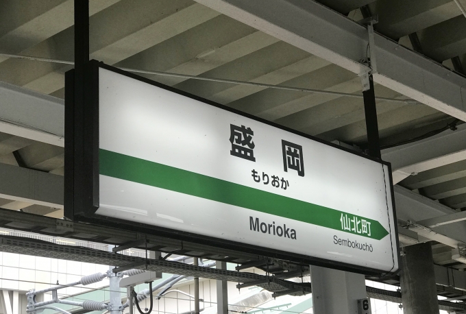 鉄道乗車記録の写真:駅名看板(3)        「盛岡駅を出発。」