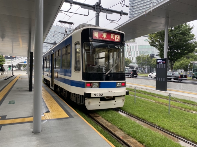 鉄道乗車記録の写真:乗車した列車(外観)(1)        「熊本駅前電停で待機中の乗車電車」