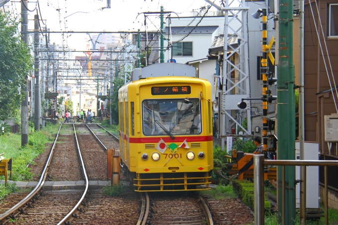 鉄道乗車記録の写真:乗車した列車(外観)(1)          「新庚申塚停留場に到着する乗車車両。」