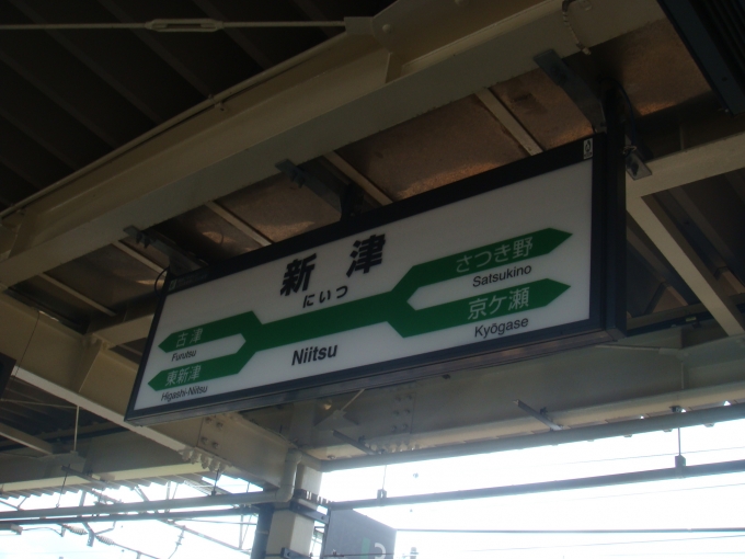 鉄道乗車記録の写真:駅名看板(2)        「新津駅の駅標。
２方向それぞれに2分岐していて、面白い！」