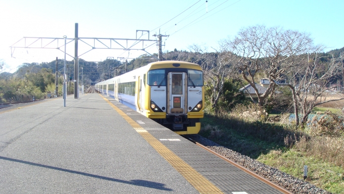鉄道乗車記録の写真:乗車した列車(外観)(1)        「御宿駅に入線する特急わかしお号の車両。」
