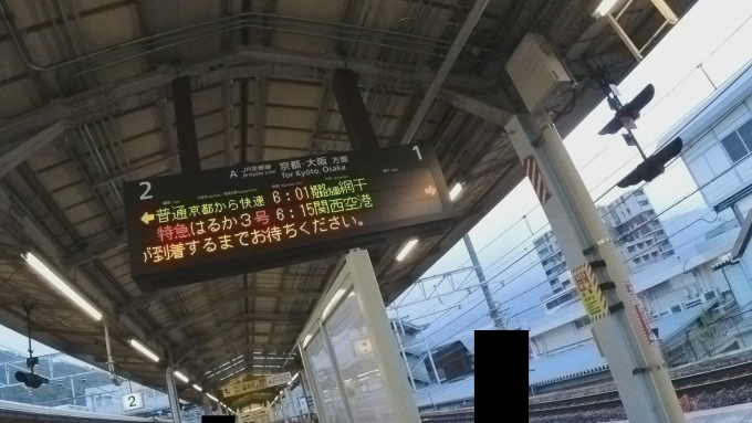 鉄道乗車記録の写真:駅舎・駅施設、様子(1)        「何故か土休日も草津始発のはるか3号関西空港行きと、乗車電の普通(京都から快速)姫路方面網干行き。
どちらも朝方にしか見られないです。」