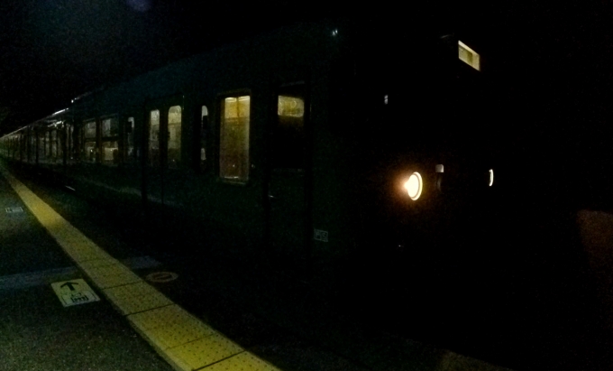 鉄道乗車記録の写真:乗車した列車(外観)(2)        「ノイズが多いですが仕様です※動体ブレ防止でSS1/500secにする代わり、明るさを確保するためにISO6400MAX設定」