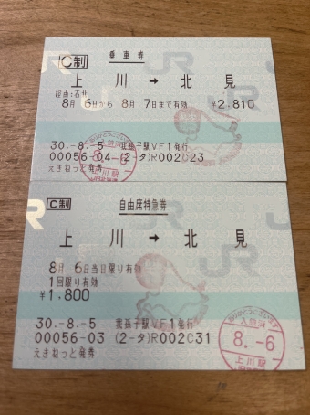 上川駅から北見駅の乗車記録(乗りつぶし)写真
