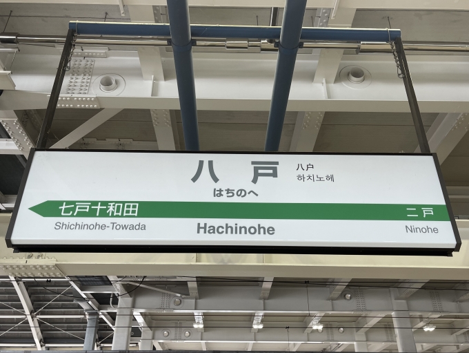 鉄道乗車記録の写真:駅名看板(2)        「新幹線ホームの駅名看板。八戸開業当初から更新無し。」