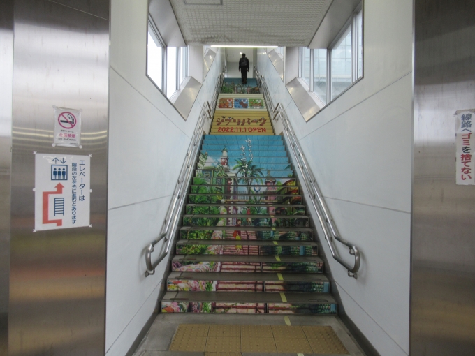 鉄道乗車記録の写真:駅舎・駅施設、様子(7)        「階段に描かれたジブリパークの案内」