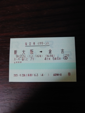 新大阪駅から米子駅の乗車記録(乗りつぶし)写真