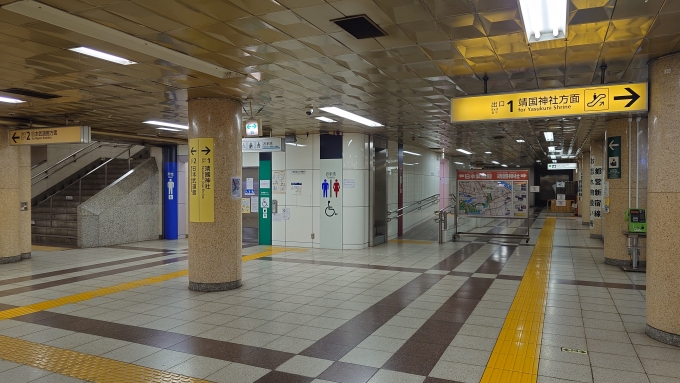 鉄道乗車記録の写真:駅舎・駅施設、様子(2)        「もともと都営地下鉄と東京メトロで分かれていた構内をくっつけたせいか、妙にがらんとしている。
武道館や靖国神社の多客対策で広く作ってあるのかもしれない。」