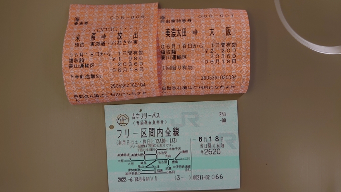 鉄道乗車記録の写真:きっぷ(2)        「青空フリーパス＋乗り越し分の乗車券＋特急券」