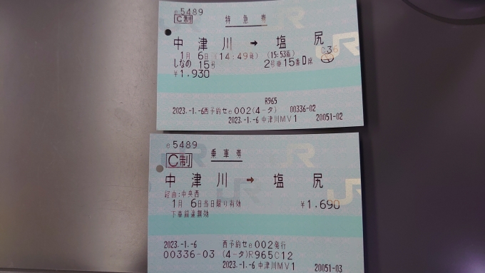 鉄道乗車記録の写真:きっぷ(2)     「中津川～塩尻を特急課金ワープ」