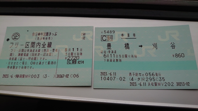 鉄道乗車記録の写真:きっぷ(3)        「静岡エリアの休日乗り放題きっぷと、乗り越し分の乗車券(豊橋→刈谷)」