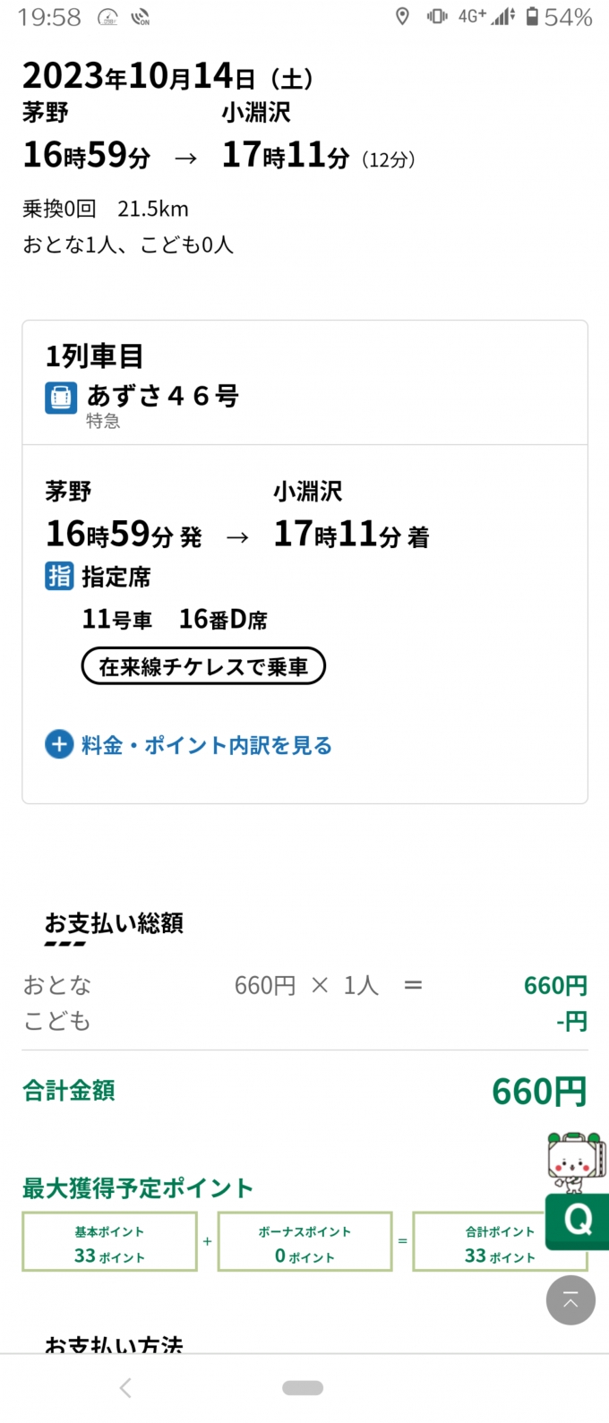 鉄道乗車記録の写真:きっぷ(2)     「特急あずさ46号
えきねっとチケットレス」