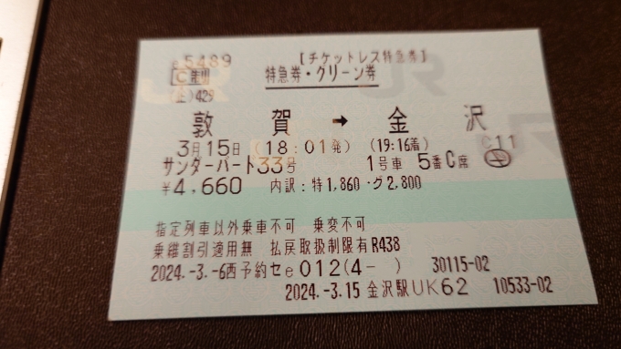鉄道乗車記録の写真:きっぷ(3)     「サンダーバード33号特急券」