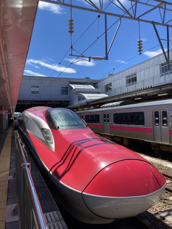 鉄道乗車記録の写真:乗車した列車(外観)(1)          「秋田駅の在来線仕様のホームに窮屈そうに停車する秋田新幹線」