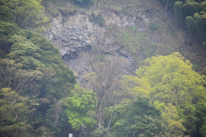 鉄道乗車記録の写真:車窓・風景(14)        「玄武洞は巨大な柱状節理の岩で構成された観光名所です。」