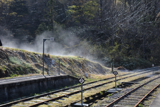 鉄道乗車記録の写真:駅舎・駅施設、様子(13)        「スイッチバックが始まる前の駅でちょっと停車時間がありました。

気温が低く地面から日光に温められて水蒸気が立ち昇っていました。」