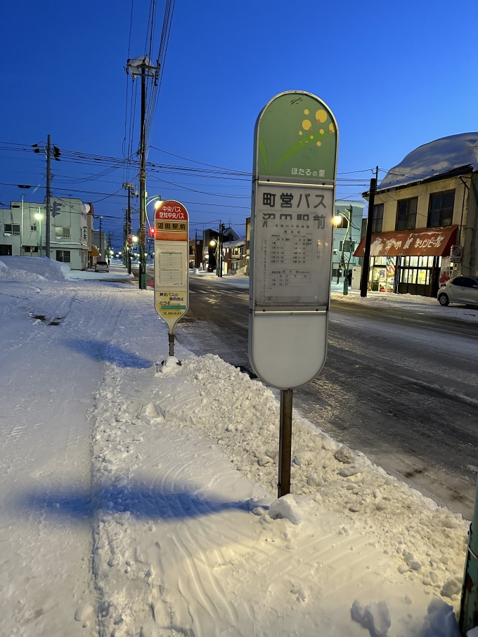 鉄道乗車記録の写真:旅の思い出(5)        「沼田駅前バス停。
こちらより深川方面へのバスが出ている」