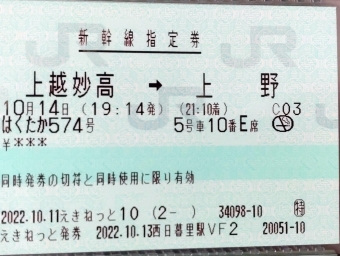 上越妙高駅から上野駅の乗車記録(乗りつぶし)写真