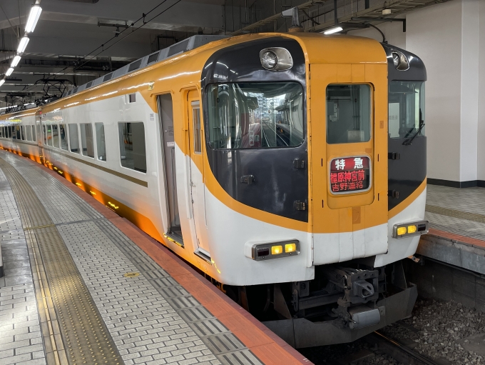鉄道乗車記録の写真:乗車した列車(外観)(4)        「あっという間に京都駅に到着でございます。
空を飛んだのではないかと思うくらい、
あっという間の乗車時間でございました。
折り返し、橿原神宮前行きの特急になります。
もちろん
吉野連絡もいたします。さすがですね。
いつか、サニーカー12400系と16010系を乗り継ぎ、吉野へと赴きたいところでございます。」