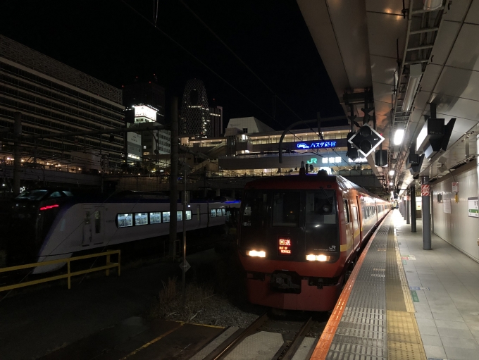 鉄道乗車記録の写真:乗車した列車(外観)(2)        「特急日光8号:253系.OM-N02編成
新宿は⑥番線に到着。
」