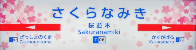 鉄道乗車記録の写真:駅名看板(1)        「桜のイラスト入りの駅名標。」