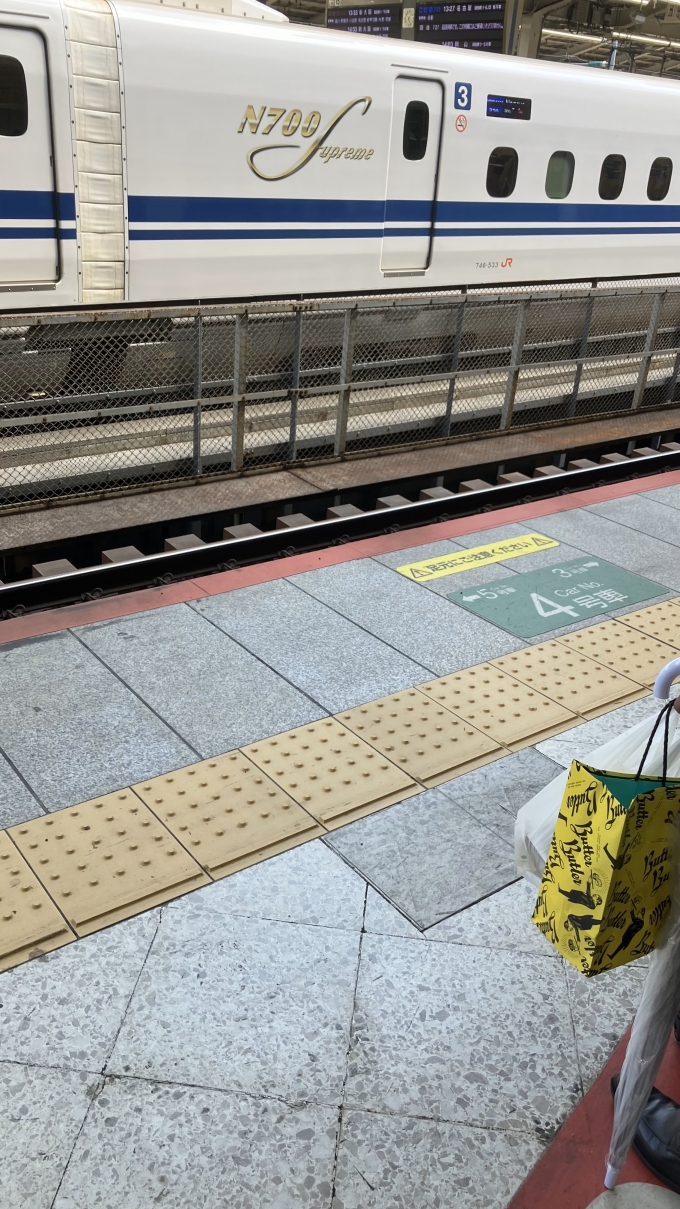 鉄道乗車記録の写真:列車・車両の様子(未乗車)(1)          「東京駅23番線で新幹線を待っている間に撮影。
目の前には東海道新幹線の14番線があり、ちょうど停車していたN700S系新幹線を見ることができた。
後で調べたところ、こだま729号名古屋行きだったようである。」