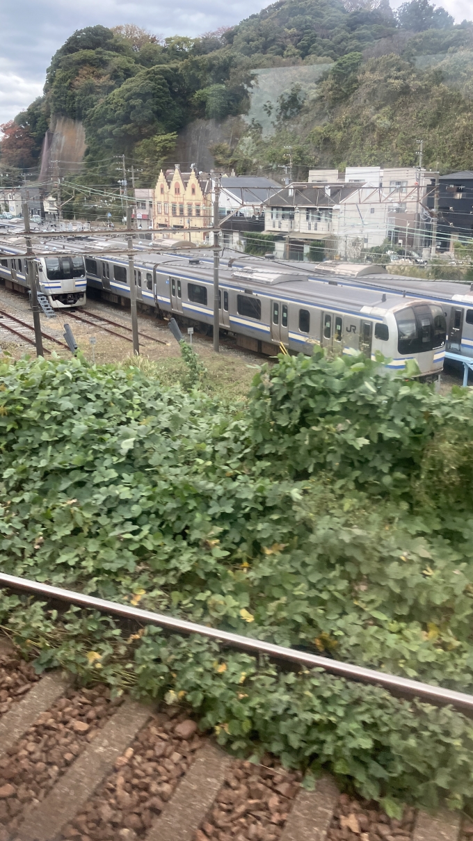 鉄道乗車記録の写真:列車・車両の様子(未乗車)(3)        「逗子・葉山駅到着直前に撮影した。
逗子・葉山駅に到着する前に、JR横須賀線と交差するのだが、留置線のようなものがあり、横須賀線などで運行されるE217系を見ることができた。」