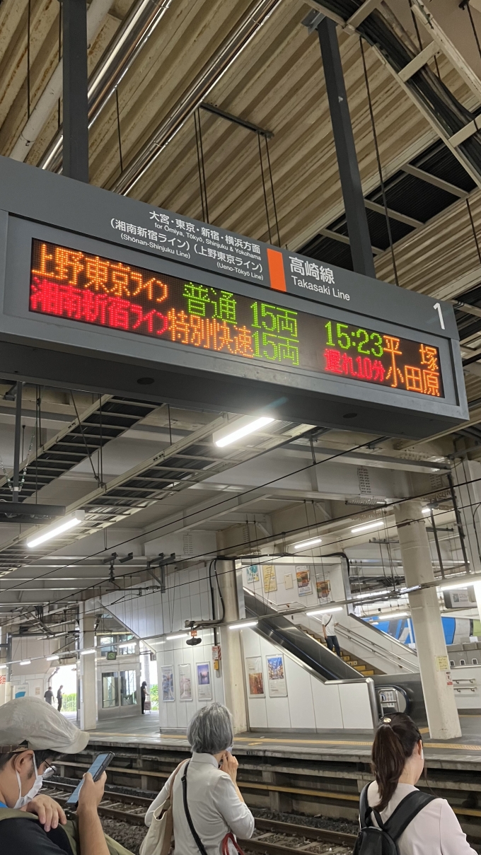 鉄道乗車記録の写真:駅舎・駅施設、様子(2)        「列車乗車前に、入場券を購入して改札内に入っていた。その時に撮影した発車標の様子。
時刻表上では上尾駅15:19発となる湘南新宿ライン経由特別快速小田原行きが先着になるのだが、当時遅延が発生しており、上野東京ライン経由の平塚行きが先に入ることになった。」