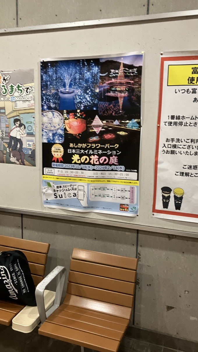 鉄道乗車記録の写真:駅舎・駅施設、様子(1)        「富田駅の駅舎内にあったあしかがフラワーパークのポスター。
なお、自分が乗車した列車で隣のあしかがフラワーパーク駅へ行く人もいた。」
