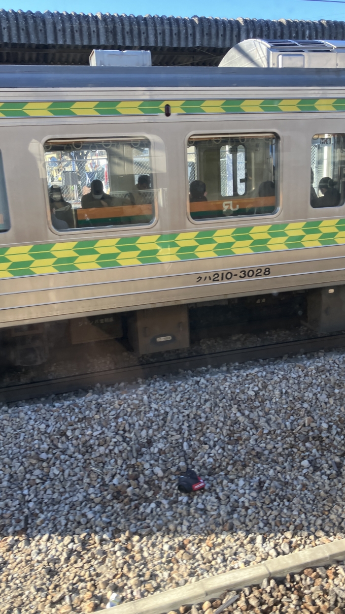 鉄道乗車記録の写真:列車・車両の様子(未乗車)(2)        「井野駅停車中に撮影した。
対向列車が矢絣模様のラインカラーをした211系のA28編成であった。両毛線の普通小山行き(451M)と思われる。」