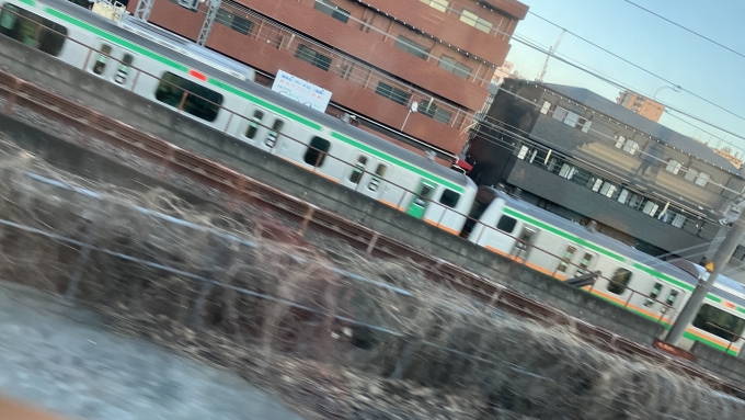 鉄道乗車記録の写真:列車・車両の様子(未乗車)(8)        「大宮駅を出て少し進んだところで、上り列車とすれ違った。
湘南新宿ライン経由で、大宮駅で快速から普通に変わる逗子行きの列車と思われる。」