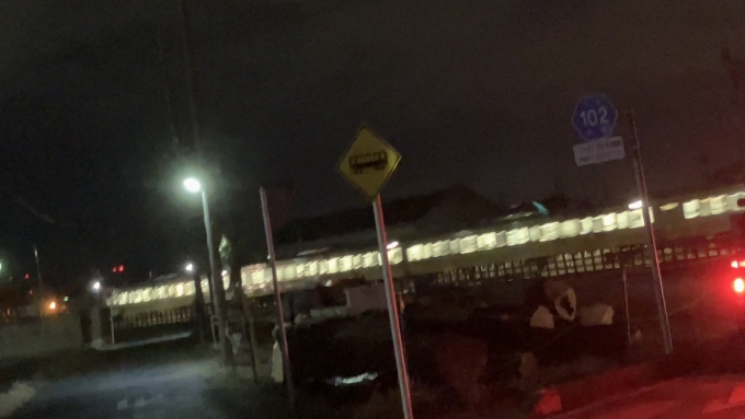 鉄道乗車記録の写真:列車・車両の様子(未乗車)(2)        「列車を降りて国定駅を出た後、国定駅から少し西側に進んだところにある踏切の近くで撮影した。
徒歩10分程の場所にあるスーパーへ向かっていたところ、普通高崎行き(466M)と思われる列車が踏切を通っていった。
なお、当該列車の国定駅発車時刻は定刻で18:36であるが、撮影時刻は18:39であった。数分遅延していたものと思われる。」