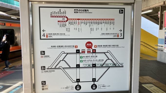鉄道乗車記録の写真:駅舎・駅施設、様子(2)        「新松戸駅の簡易構内図。
階段やエスカレーター、エレベーターは行き先のホームによって異なっているため、案内をよく見ることが必要だと感じた。」
